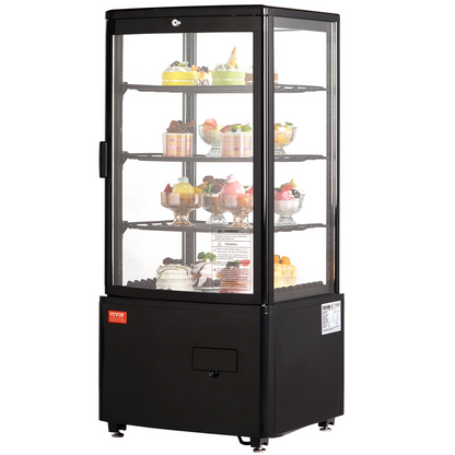 VEVOR Refrigerated Display Case, 3 Cu.Ft./85L Countertop Pastry Display Case, 3-Tier Commercial Display Refrigerator with LED Lighting, TURBO Cooling, Frost-Free Air-Cooling, Locked Door for Bakery