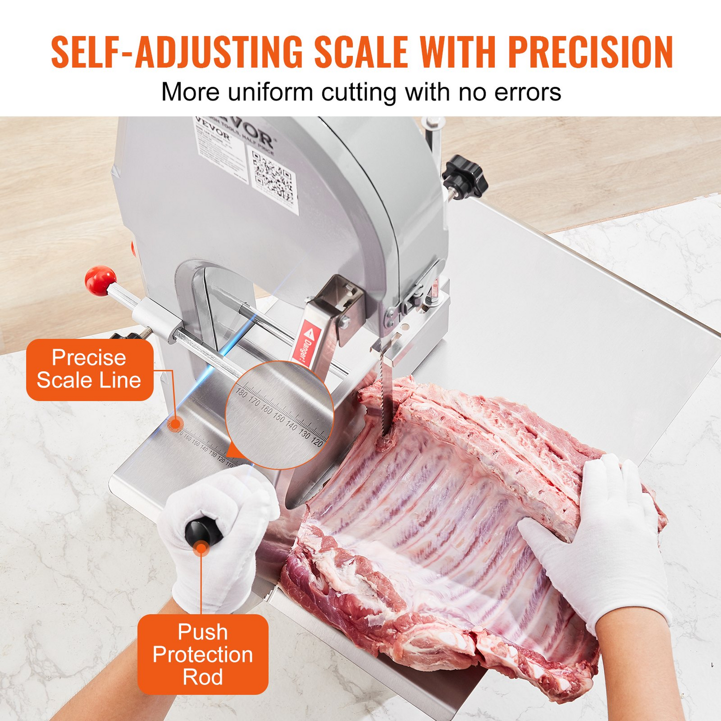 VEVOR Commercial Electric Meat Bandsaw, 1100W Stainless Steel Countertop Bone Sawing Machine, Workbeach 19.3" x 15", 0.16-7.9 Inch Cutting Thickness, Frozen Meat Cutter with 6 Blades for Rib Pork Beef