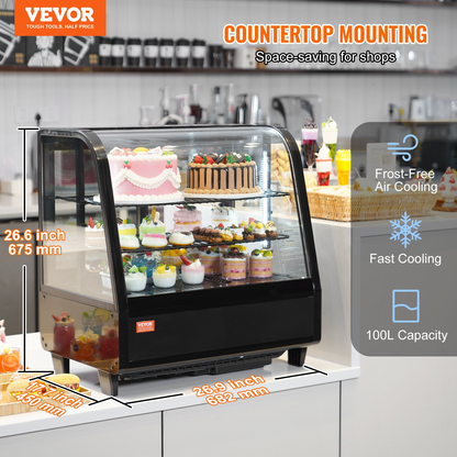 VEVOR Refrigerated Display Case, 3.5 Cu.Ft./100L, 2-Tier, Countertop Pastry Display Case Commercial Display Refrigerator with LED Lighting, TURBO Cooling, Frost-Free Air-Cooling, Rear Sliding Door