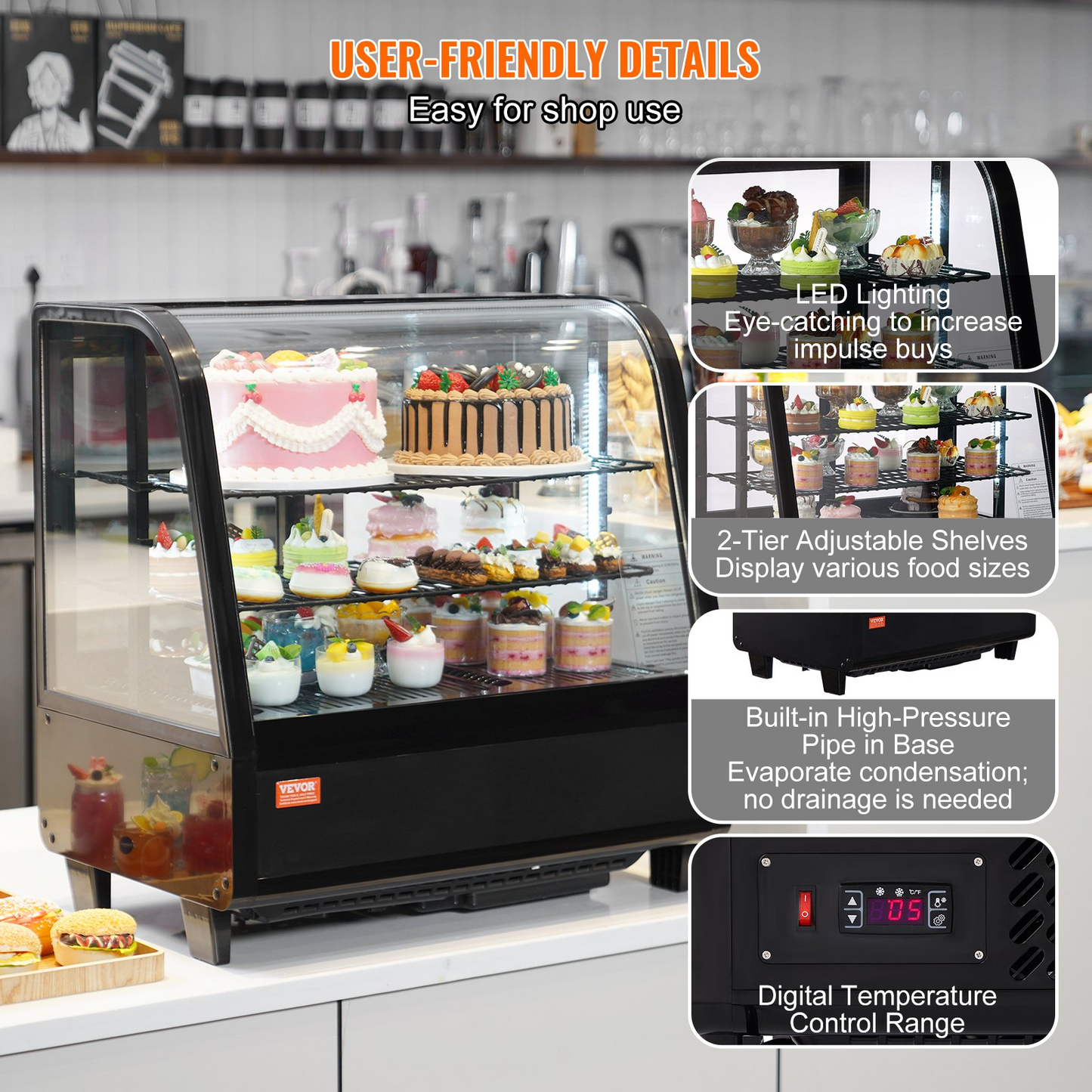 VEVOR Refrigerated Display Case, 3.5 Cu.Ft./100L, 2-Tier, Countertop Pastry Display Case Commercial Display Refrigerator with LED Lighting, TURBO Cooling, Frost-Free Air-Cooling, Rear Sliding Door