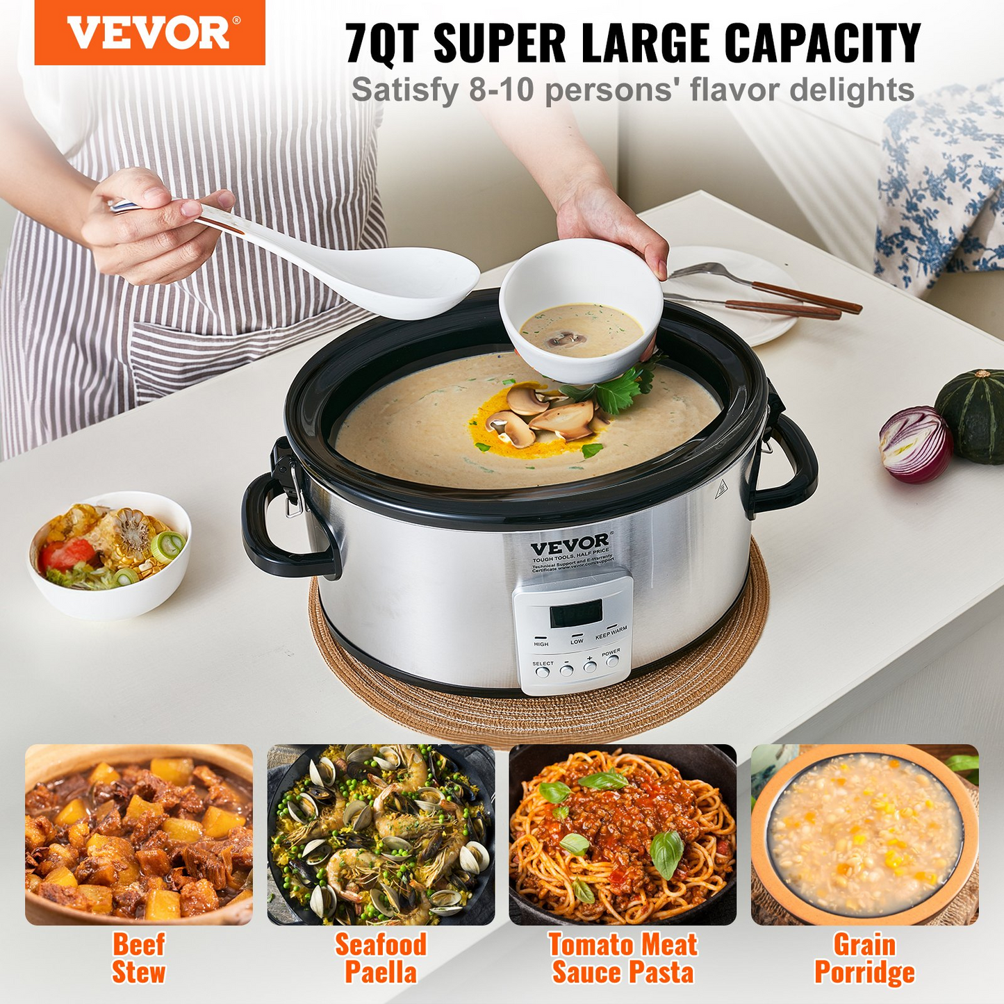 VEVOR Slow Cooker, 7QT 280W Electric Slow Cooker Pot with 3-Level Heat Settings, Digital Slow Cookers with Locking Lid, 20 Hours Max Timer, Ceramic Inner Pot for Commercial/Home Use