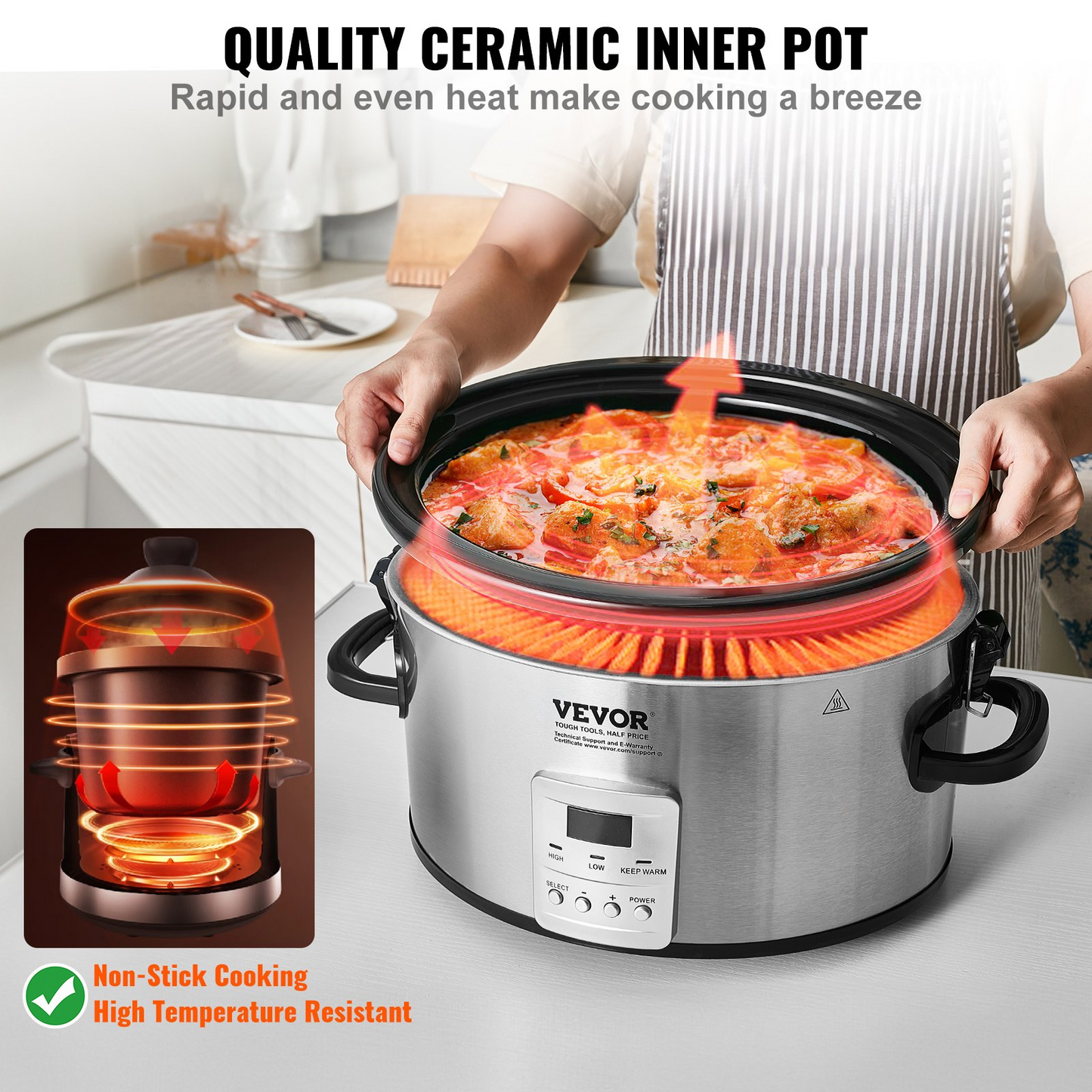 VEVOR Slow Cooker, 7QT 280W Electric Slow Cooker Pot with 3-Level Heat Settings, Digital Slow Cookers with Locking Lid, 20 Hours Max Timer, Ceramic Inner Pot for Commercial/Home Use