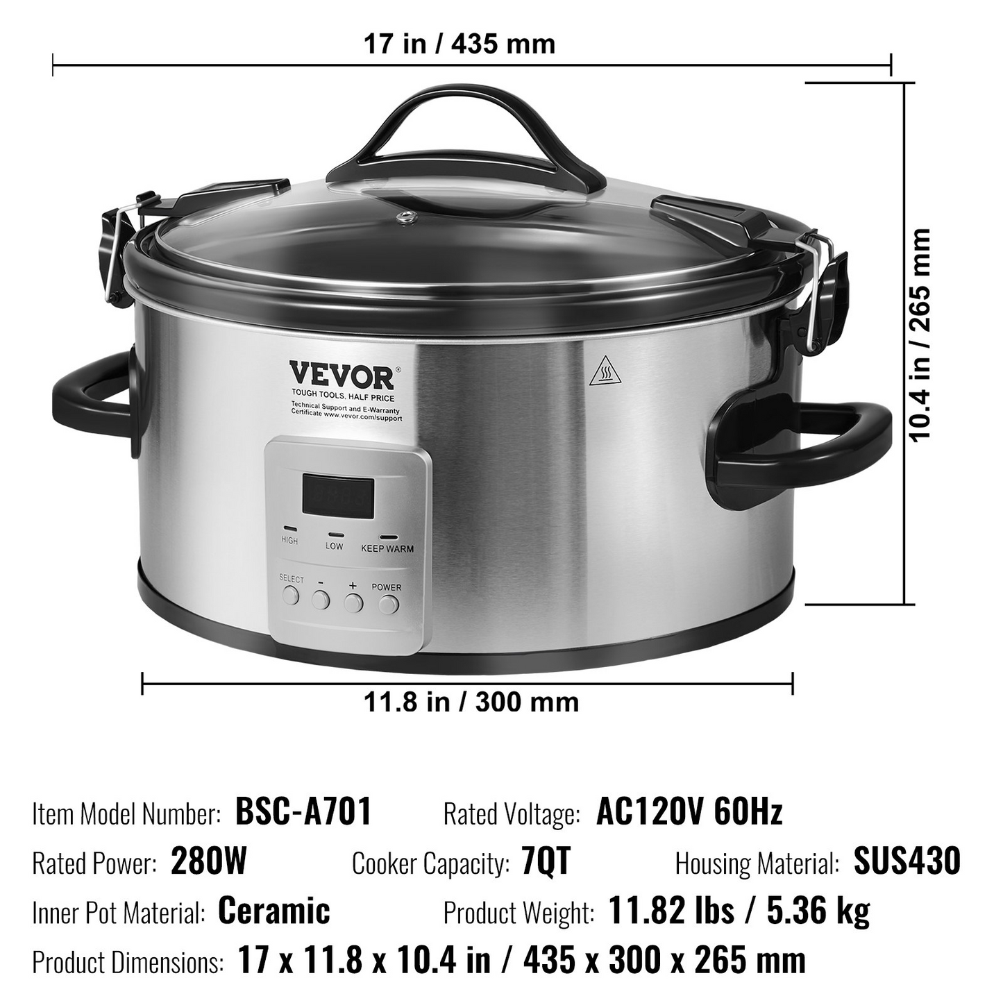 VEVOR Slow Cooker, 7QT 280W Electric Slow Cooker Pot with 3-Level Heat Settings, Digital Slow Cookers with Locking Lid, 20 Hours Max Timer, Ceramic Inner Pot for Commercial/Home Use