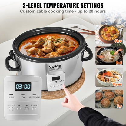 VEVOR Slow Cooker, 6QT 240W Electric Slow Cooker Pot with 3-Level Heat Settings, Digital Slow Cookers with 20 Hours Max Timer, Locking Lid, Ceramic Inner Pot for Home/Commercial Use