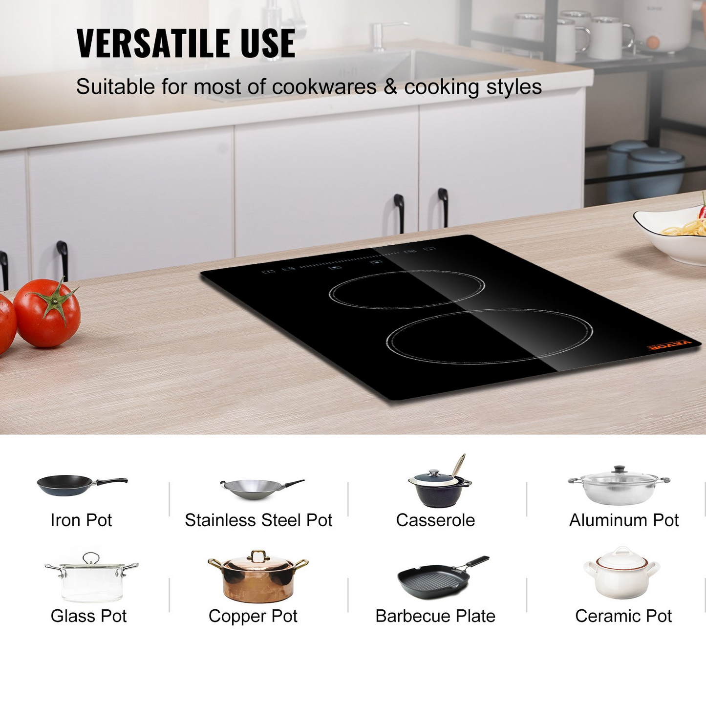 VEVOR Built in Electric Stove Top, 20 x 11.6 inch 2 Burners, 110V Glass Radiant Cooktop with Sensor Touch Control, Timer & Child Lock Included, 9 Power Levels for Simmer Steam Slow Cook Fry