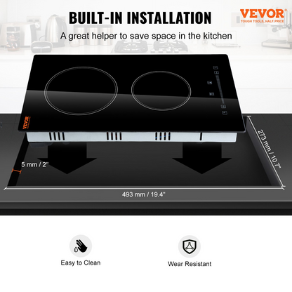 VEVOR Built in Electric Stove Top, 20 x 11.6 inch 2 Burners, 110V Glass Radiant Cooktop with Sensor Touch Control, Timer & Child Lock Included, 9 Power Levels for Simmer Steam Slow Cook Fry