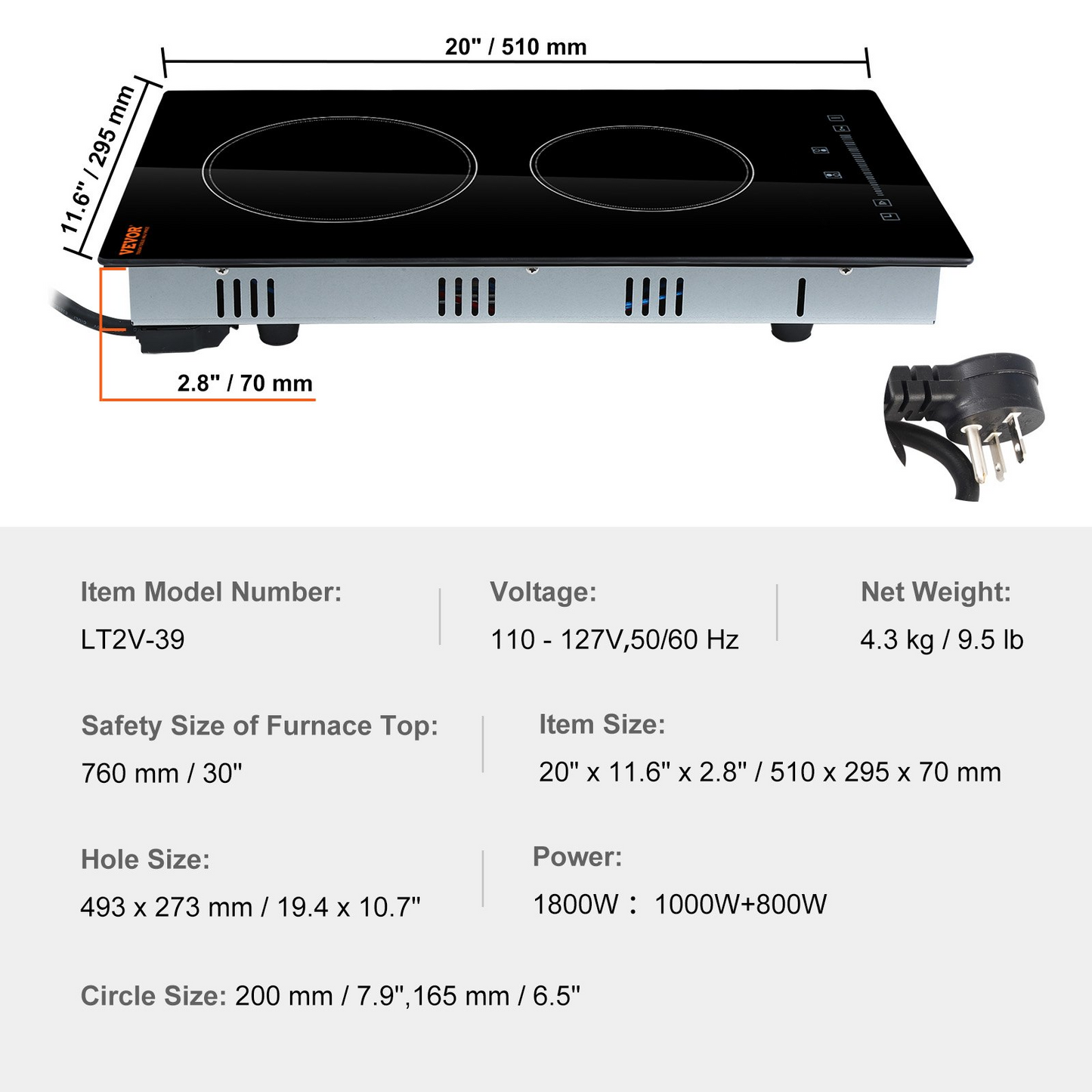 VEVOR Built in Electric Stove Top, 20 x 11.6 inch 2 Burners, 110V Glass Radiant Cooktop with Sensor Touch Control, Timer & Child Lock Included, 9 Power Levels for Simmer Steam Slow Cook Fry