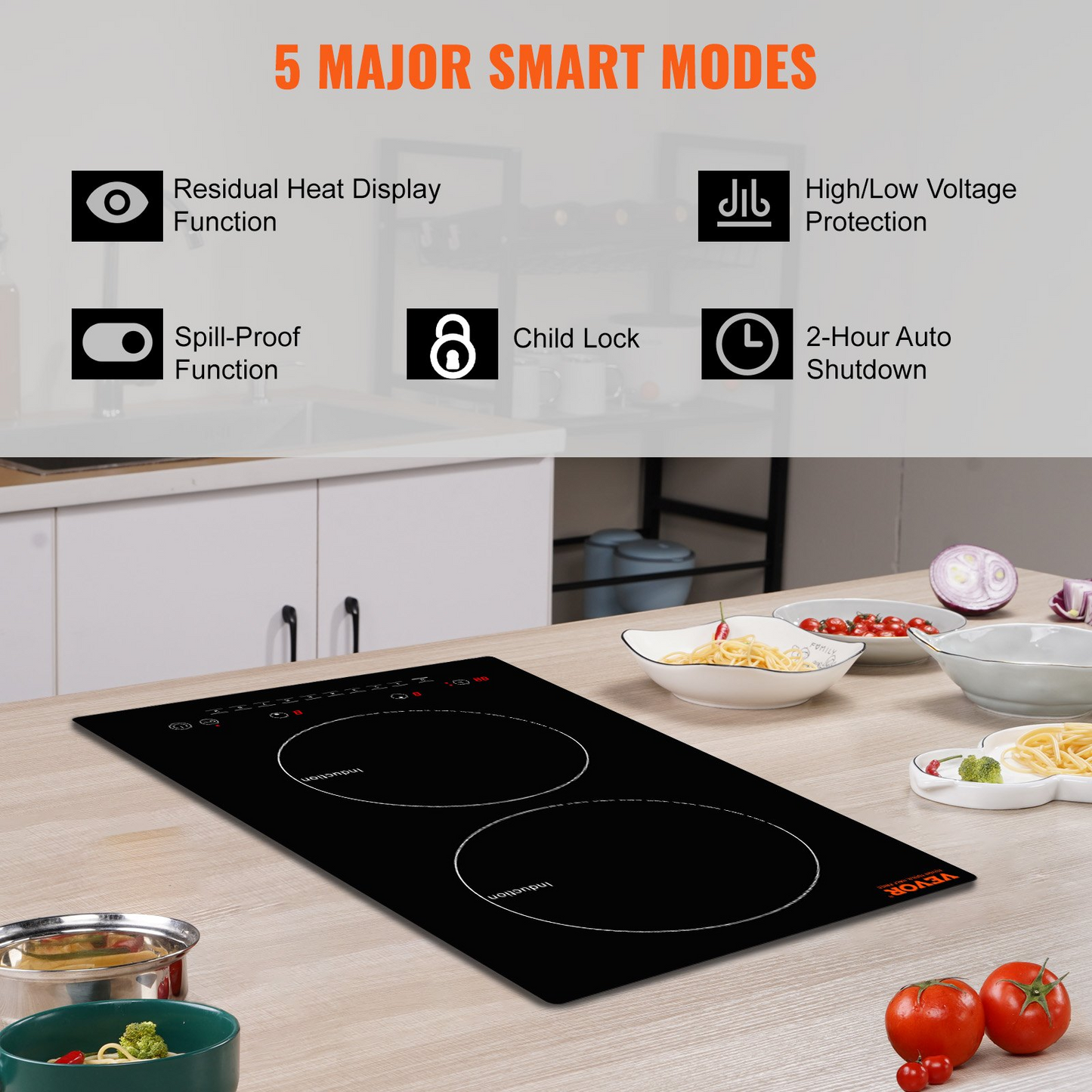 VEVOR Electric Cooktop, 2 Burners, 12'' Induction Stove Top, Built-in Magnetic Cooktop 1800W, 9 Heating Level Multifunctional Burner, LED Touch Screen w/ Child Lock & Over-Temperature Protection