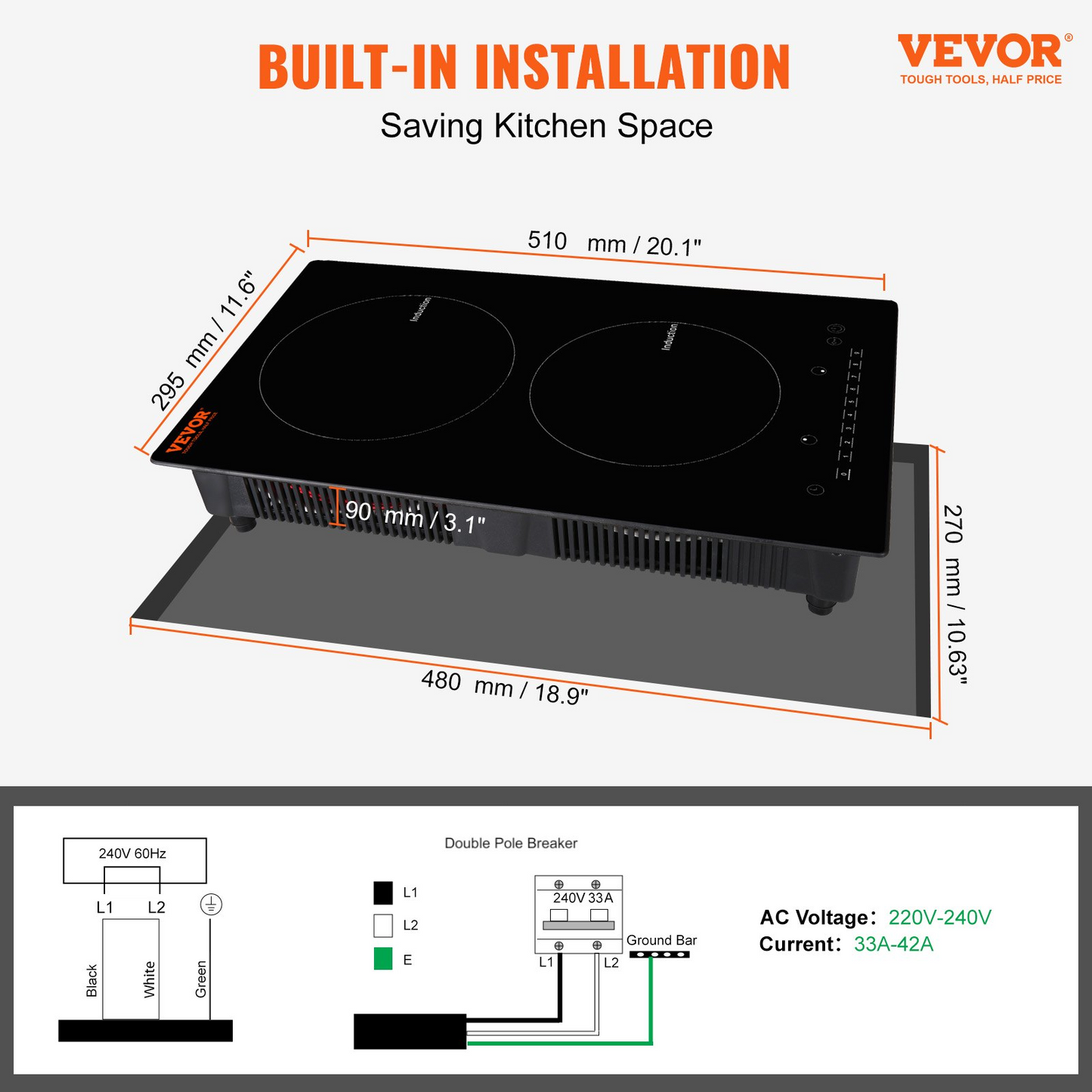 VEVOR Electric Cooktop, 2 Burners, 12'' Induction Stove Top, Built-in Magnetic Cooktop 1800W, 9 Heating Level Multifunctional Burner, LED Touch Screen w/ Child Lock & Over-Temperature Protection