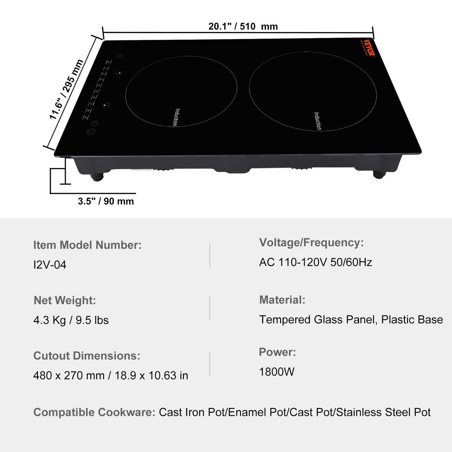 VEVOR Electric Cooktop, 2 Burners, 12'' Induction Stove Top, Built-in Magnetic Cooktop 1800W, 9 Heating Level Multifunctional Burner, LED Touch Screen w/ Child Lock & Over-Temperature Protection