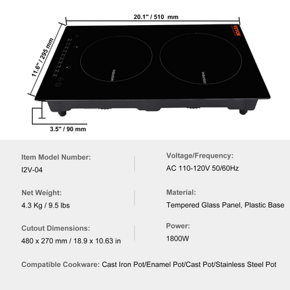 VEVOR Electric Cooktop, 2 Burners, 12'' Induction Stove Top, Built-in Magnetic Cooktop 1800W, 9 Heating Level Multifunctional Burner, LED Touch Screen w/ Child Lock & Over-Temperature Protection