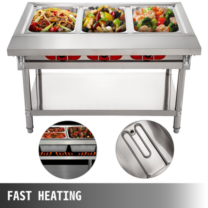 VEVOR Commercial Electric Food Warmer 3 Pot Steam Table Food Warmer 18 Quart/Pan with Lids with 7 Inch Cutting Board Food Grade Stainless Steel Steam Table Serving Counter 110V 1500W for Restaurant