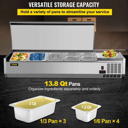 VEVOR Refrigerated Condiment Prep Station, 55-Inch, 13.8Qt Sandwich/Salad Prep Table with 3 1/3 Pans & 4 1/6 Pans, 150W Salad Bar with 304 Stainless Body and Cover Temp Adjuster One-Click Defrosting