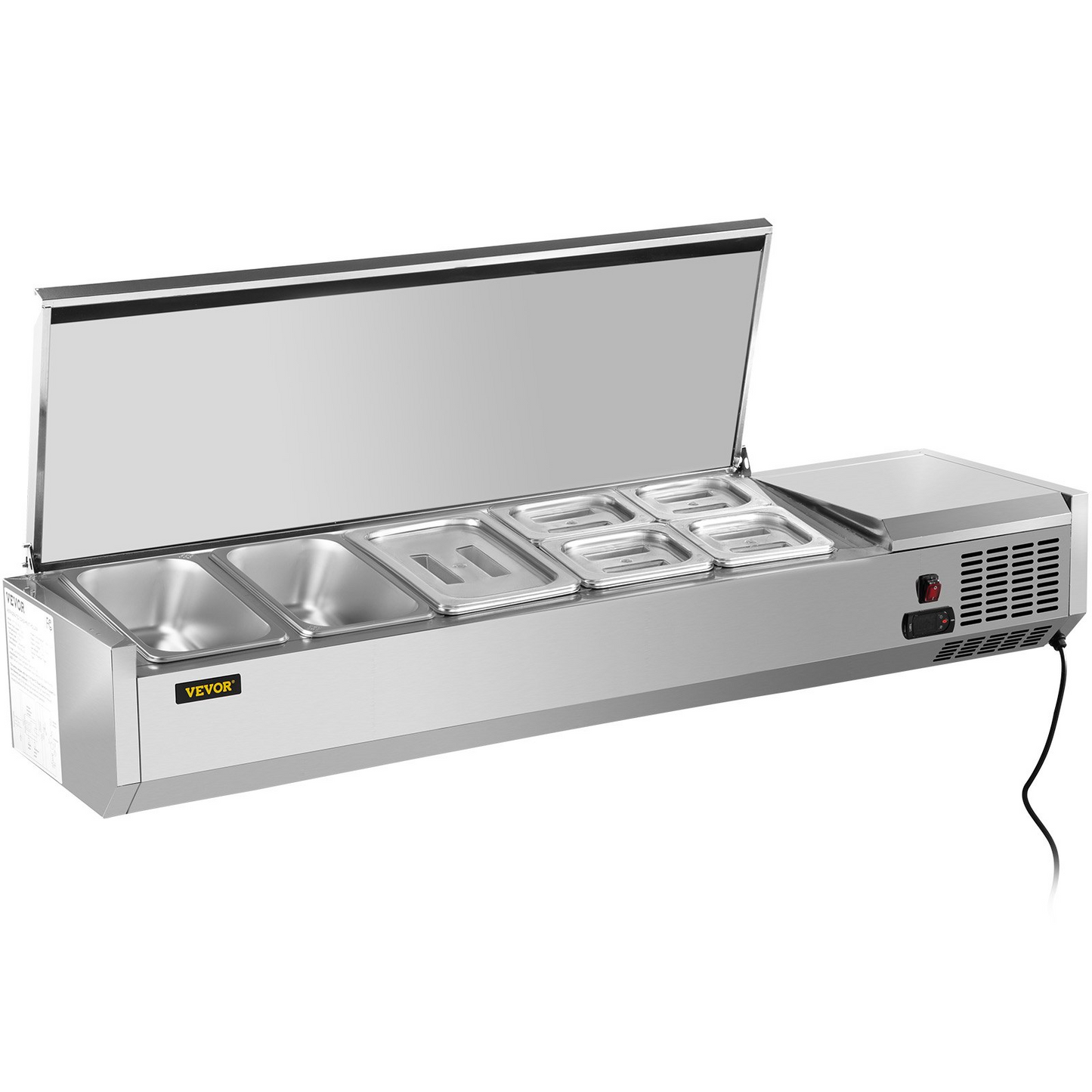 VEVOR Refrigerated Condiment Prep Station, 55-Inch, 13.8Qt Sandwich/Salad Prep Table with 3 1/3 Pans & 4 1/6 Pans, 150W Salad Bar with 304 Stainless Body and Cover Temp Adjuster One-Click Defrosting