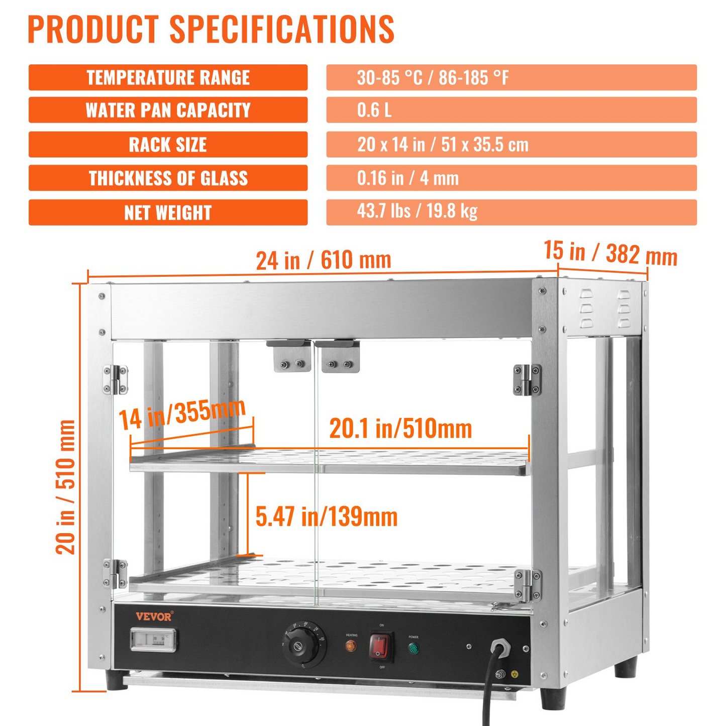 VEVOR 2-Tier Commercial Food Warmer Countertop Pizza Cabinet with Water Tray