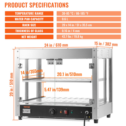 VEVOR 2-Tier Commercial Food Warmer Countertop Pizza Cabinet with Water Tray