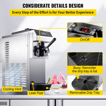 VEVOR Commercial Soft Ice Cream Machine, 13L/H (3.4Gal/H) Ice Cream Machine, Single-Flavor Gelato Machine Commercial w/Pre-Cooling, 1200W Countertop Yogurt Maker Machine w/LED Intelligent Panel