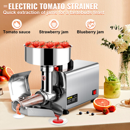 VEVOR 110V Electric Tomato Strainer 370W Commercial Grade Tomato Milling Machine Stainless Steel Tomato Press and Strainer 90-160 Kg/H Pure Copper Motor Food Strainer and Sauce Maker