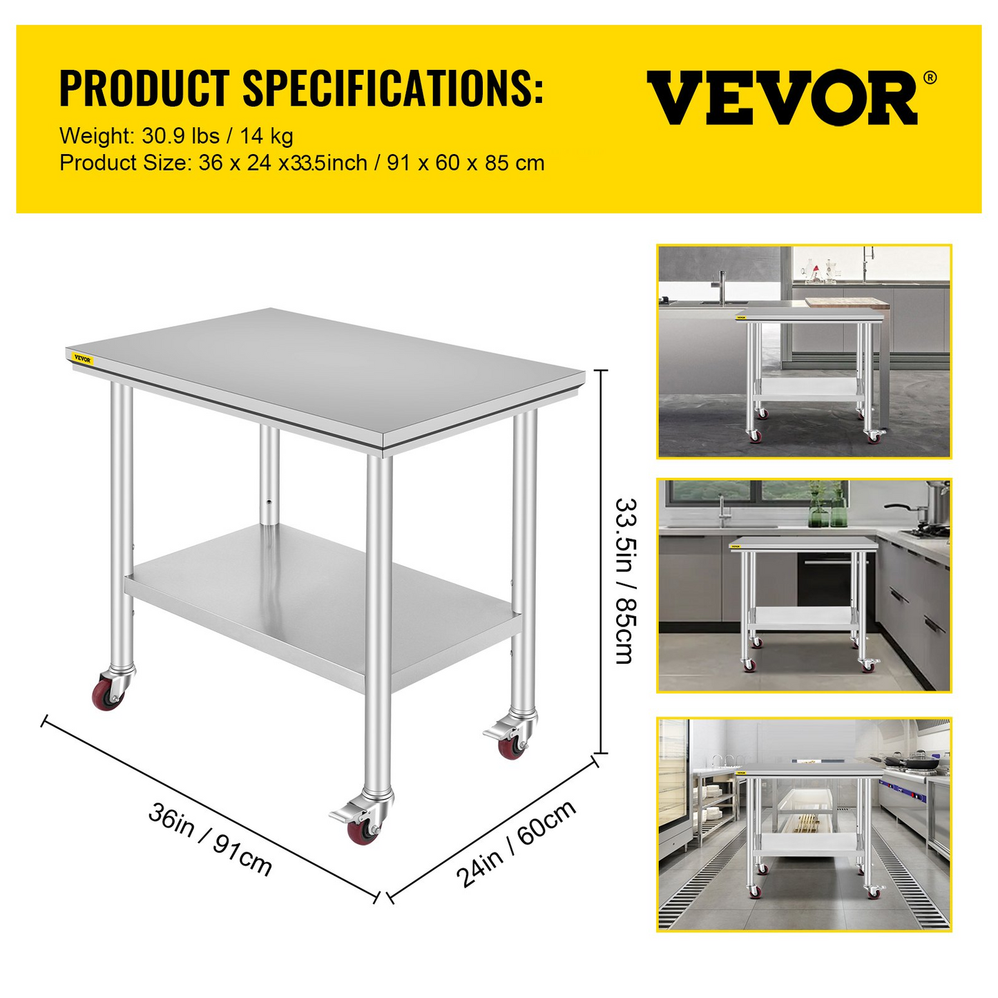 VEVOR Stainless Steel Work Table 36x24 Inch with 4 Wheels Commercial Food Prep Worktable with Casters Heavy Duty Work Table for Commercial Kitchen Restaurant