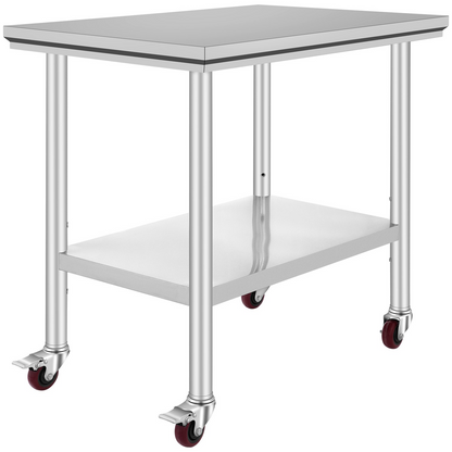 VEVOR Stainless Steel Work Table 36x24 Inch with 4 Wheels Commercial Food Prep Worktable with Casters Heavy Duty Work Table for Commercial Kitchen Restaurant