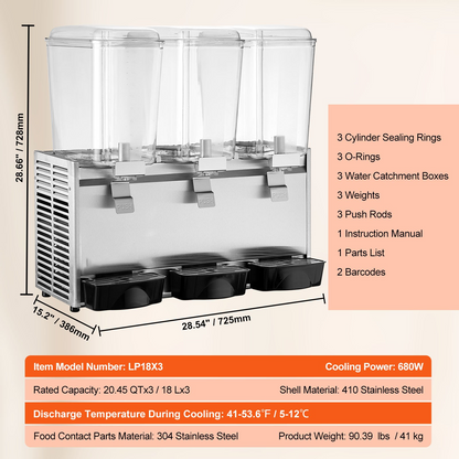 VEVOR Commercial Beverage Dispenser, 20.4 Qt 18L 3 Tanks Ice Tea Drink Machine, 680W 304 Stainless Steel Juice Dispenser with 41℉-53.6℉ Thermostat Controller, for Cold Drink Restaurant Hotel Party