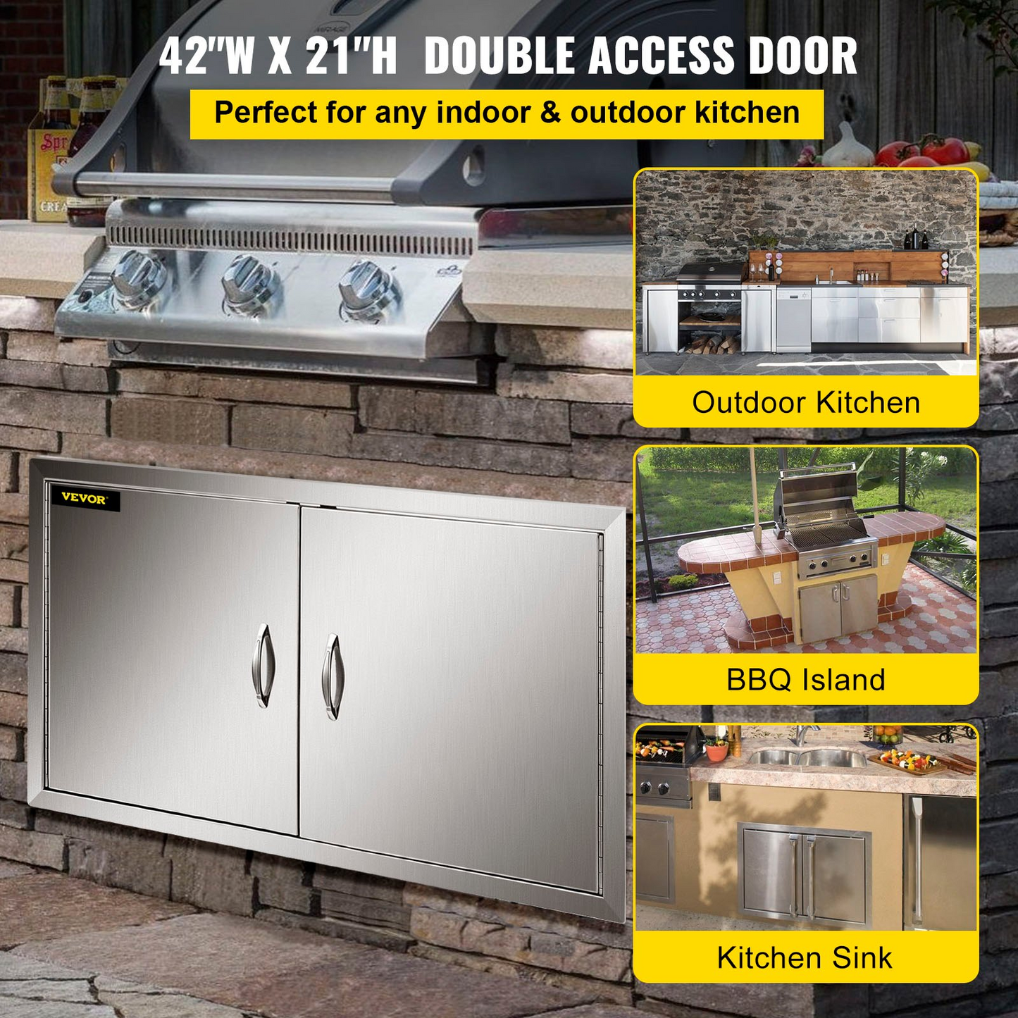 VEVOR BBQ Access Door 42W X 21H Inch, Double BBQ Door Stainless Steel, Outdoor Kitchen Doors for Commercial BBQ Island, Grilling Station, Outside Cabinet