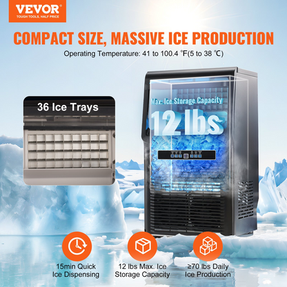 VEVOR Commercial Ice Maker, 70lbs/24H, Ice Maker Machine, 36 Ice Cubes in 12-15 Minutes, Freestanding Cabinet Ice Maker with 11lbs Storage Capacity LED Digital Display, for Bar Home Office Restaurant