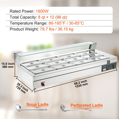 VEVOR 12-Pan Commercial Food Warmer, 12 x 8QT Electric Steam Table with Tempered Glass Cover, 1800W Countertop Stainless Steel Buffet Bain Marie 86-185°F Temp Control for Catering, Restaurant, Silver