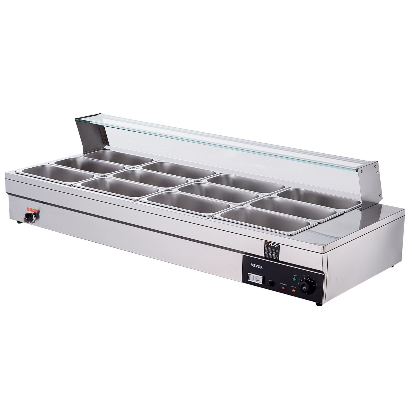 VEVOR 12-Pan Commercial Food Warmer, 12 x 8QT Electric Steam Table with Tempered Glass Cover, 1800W Countertop Stainless Steel Buffet Bain Marie 86-185°F Temp Control for Catering, Restaurant, Silver