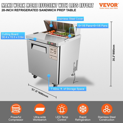 VEVOR Sandwich Prep Table, 7.42 Cu. Ft. Salad Single-door Refrigerated Prep Table, 28-inch Food Prep Fridge, Commercial Stainless Steel Prep Refrigerator Table for Restaurant, Bar, Shop, Silver