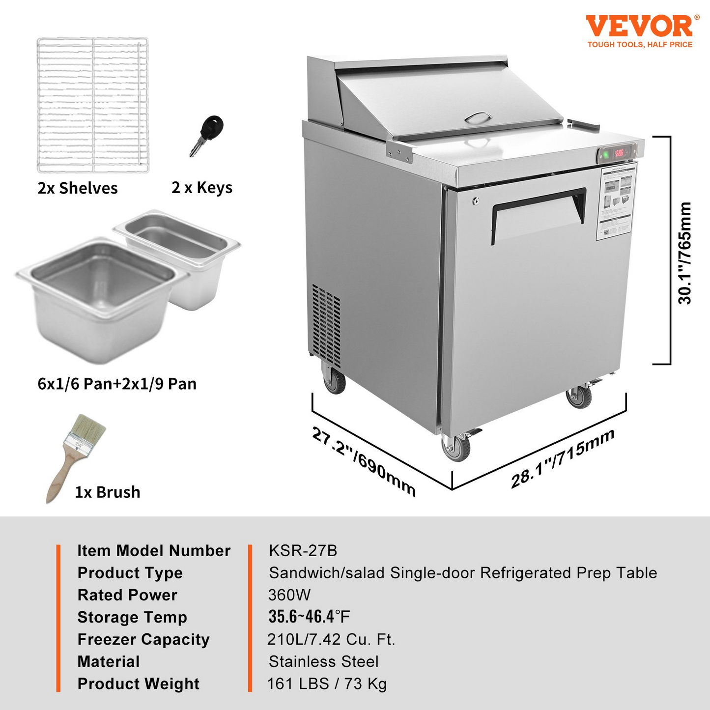 VEVOR Sandwich Prep Table, 7.42 Cu. Ft. Salad Single-door Refrigerated Prep Table, 28-inch Food Prep Fridge, Commercial Stainless Steel Prep Refrigerator Table for Restaurant, Bar, Shop, Silver