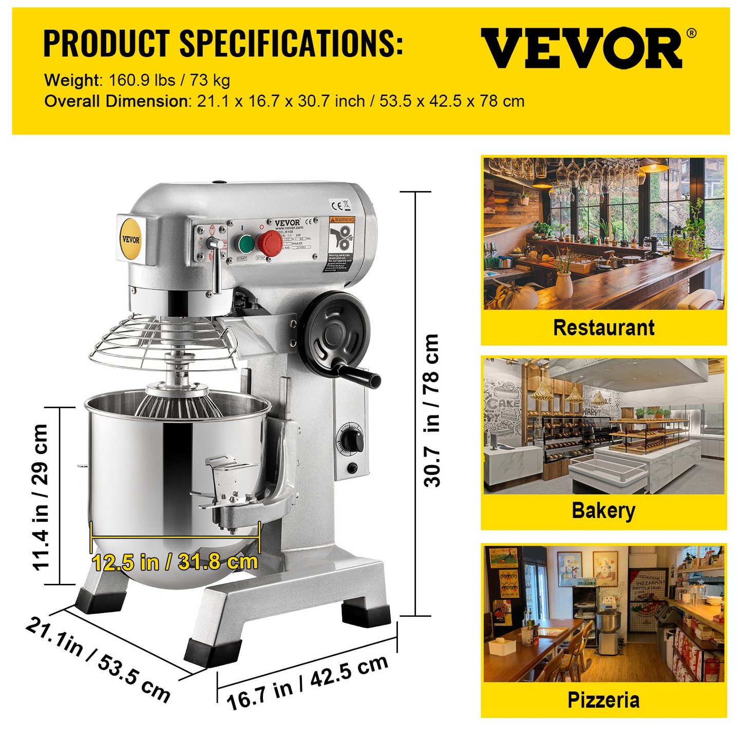 VEVOR Commercial Food Mixer, 20Qt Commercial Mixer with Timing Function, 750W Stainless Steel Bowl Heavy Duty Electric Food Mixer Commercial with 3 Speeds Adjustable 108/199/382 RPM, Dough Hook Whisk Beater Included, Perfect for Bakery Pizzeria