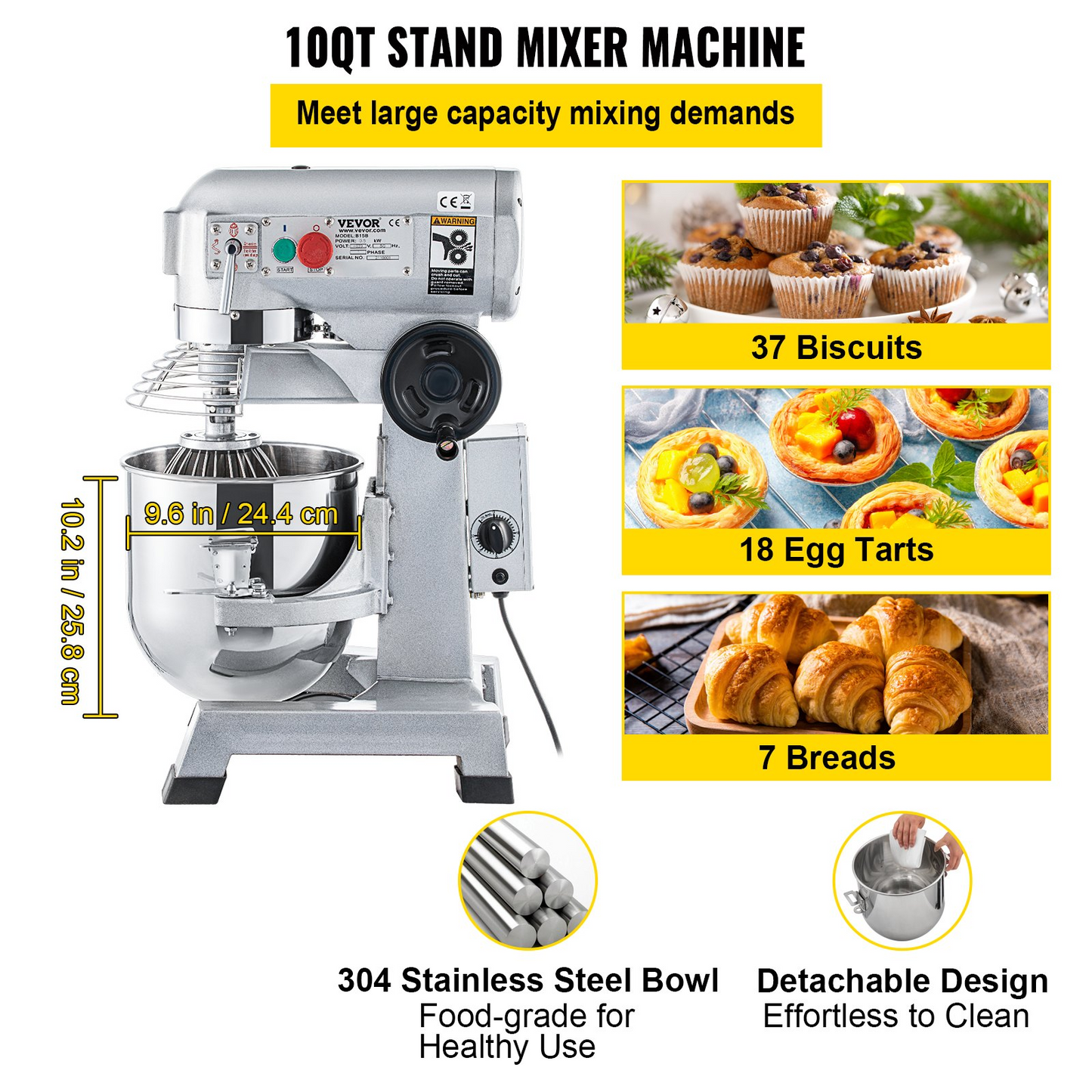 VEVOR Commercial Food Mixer, 10Qt Commercial Mixer with Timing Function, 450W Stainless Steel Bowl Heavy Duty Electric Food Mixer Commercial with 3 Speeds Adjustable 113/184/341 RPM, Dough Hook Whisk Beater Included, Perfect for Bakery Pizzeria