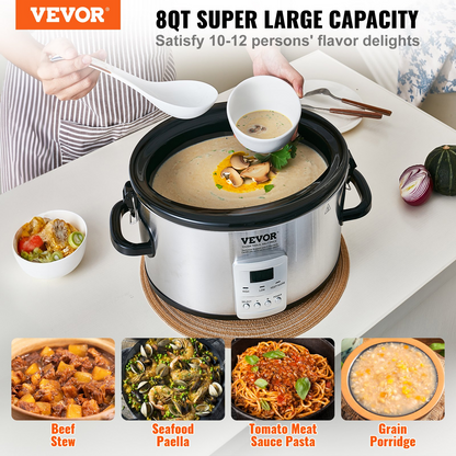 VEVOR Slow Cooker, 8QT 320W Electric Slow Cooker Pot with 3-Level Heat Settings Digital Slow Cookers with 20 Hours Max Timer, Locking Lid, Ceramic Inner Pot for Home/Commercial Use