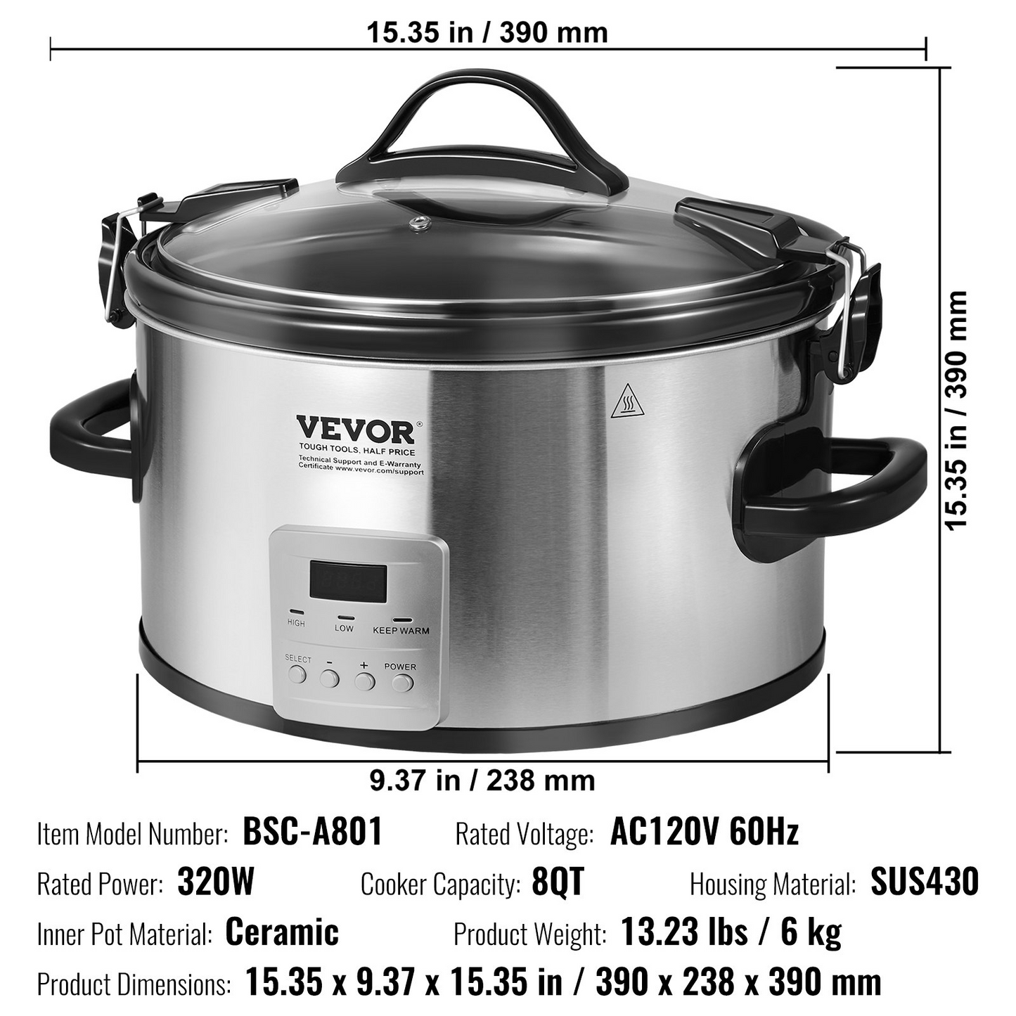 VEVOR Slow Cooker, 8QT 320W Electric Slow Cooker Pot with 3-Level Heat Settings Digital Slow Cookers with 20 Hours Max Timer, Locking Lid, Ceramic Inner Pot for Home/Commercial Use