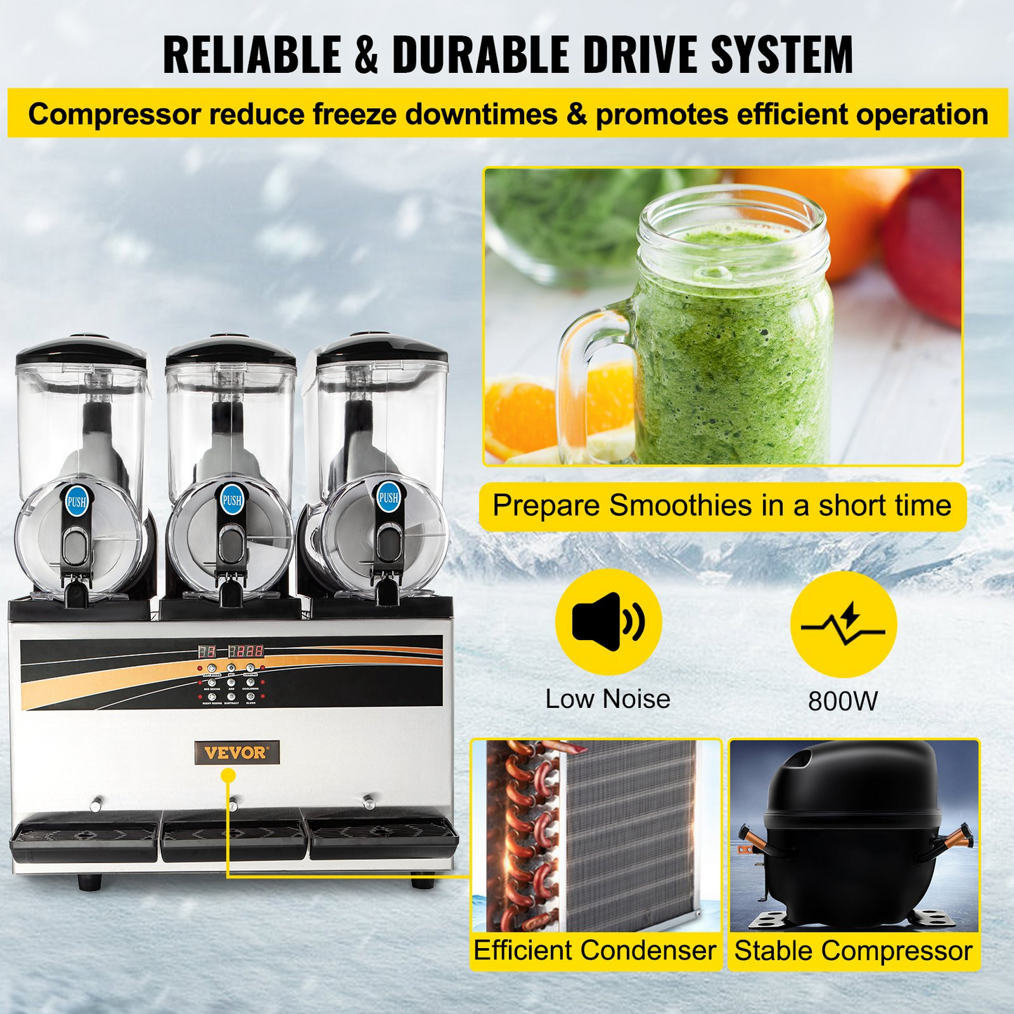 VEVOR Commercial Slushy Machine, 3x15L Tank Commercial Margarita Maker, 1200W Stainless Steel Frozen Drink Machine, Temperature Adjustment 26.6°F to 28.4°F, Perfect for Restaurants Cafes Bars