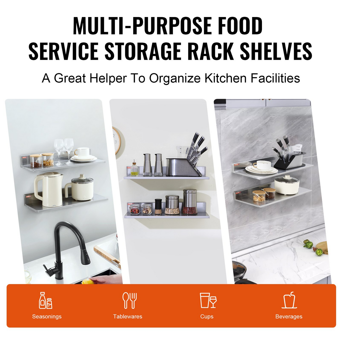 VEVOR 8.6" x 24" Stainless Steel Shelf, Wall Mounted Floating Shelving with Backsplash, 44 lbs Load Capacity Commercial Shelves, Heavy Duty Storage Rack for Restaurant, Kitchen, Bar, Home, and Hotel (2 Packs)