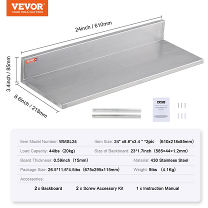 VEVOR 8.6" x 24" Stainless Steel Shelf, Wall Mounted Floating Shelving with Backsplash, 44 lbs Load Capacity Commercial Shelves, Heavy Duty Storage Rack for Restaurant, Kitchen, Bar, Home, and Hotel (2 Packs)