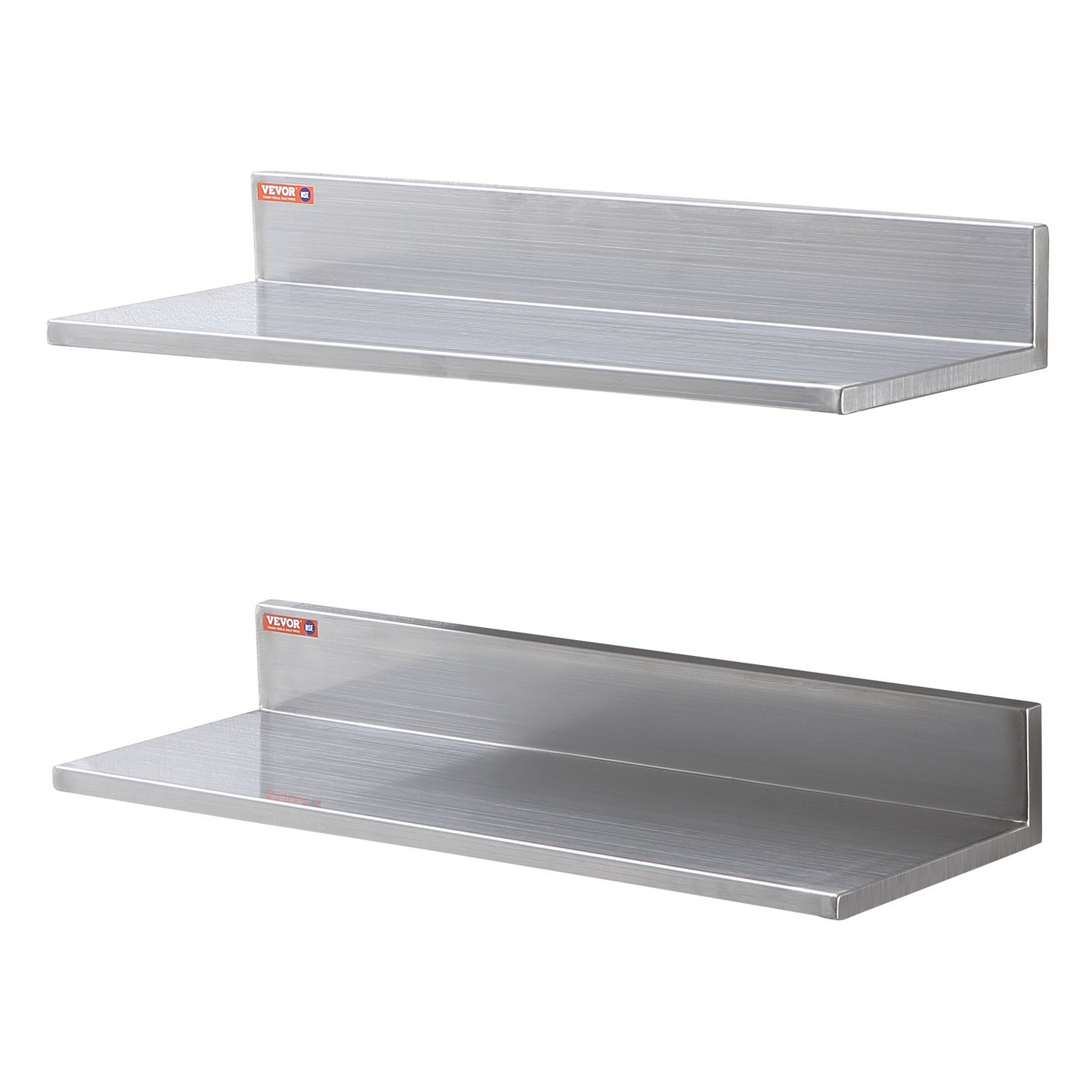 VEVOR 8.6" x 24" Stainless Steel Shelf, Wall Mounted Floating Shelving with Backsplash, 44 lbs Load Capacity Commercial Shelves, Heavy Duty Storage Rack for Restaurant, Kitchen, Bar, Home, and Hotel (2 Packs)