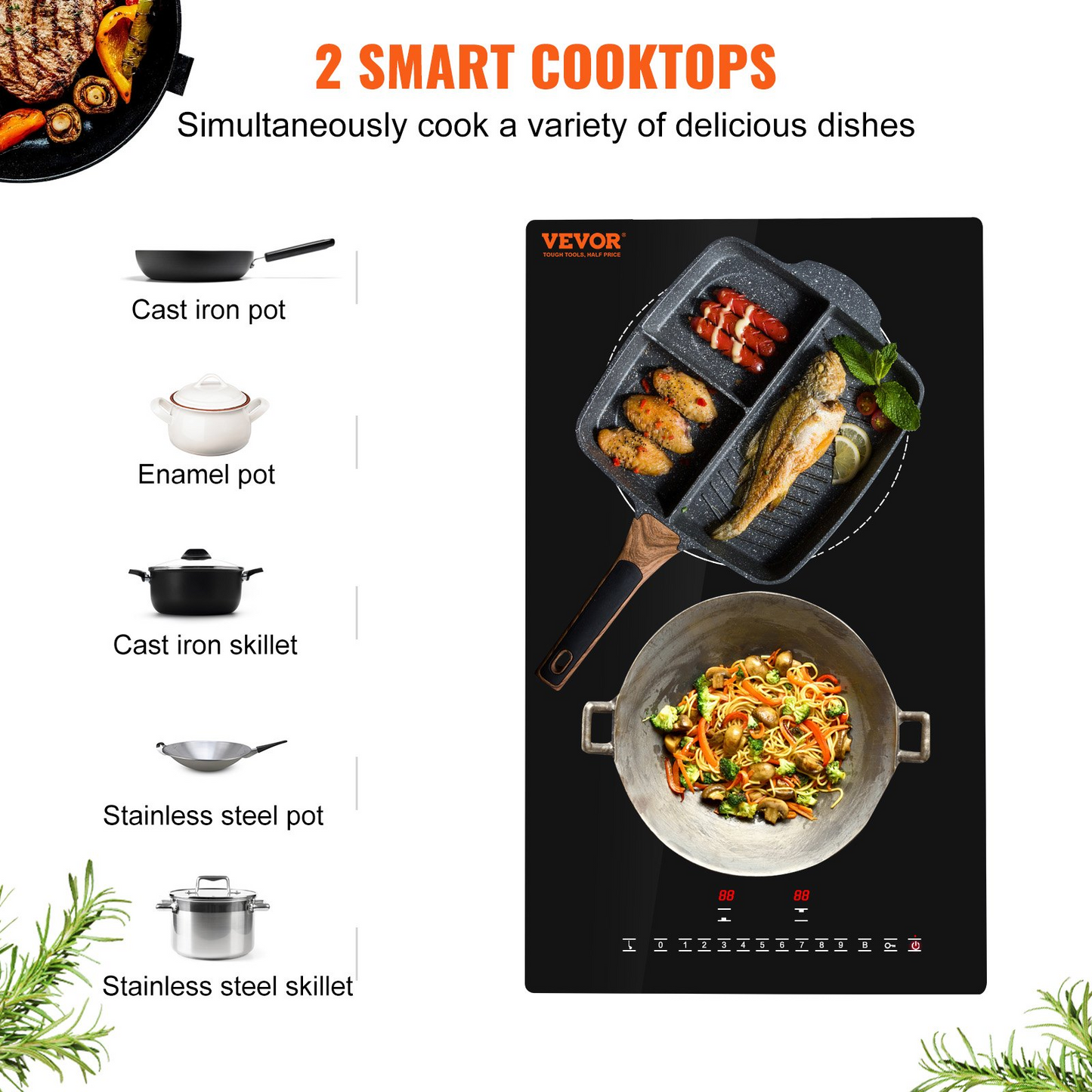 VEVOR Electric Cooktop, 2 Burners, 12'' Induction Stove Top, Built-in Magnetic Cooktop 3000W, 9 Heating Level Multifunctional Burner, LED Touch Screen w/ Child Lock & Over-Temperature Protection