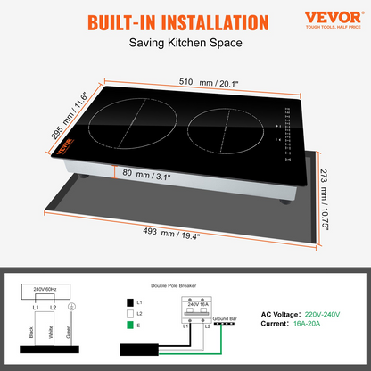 VEVOR Electric Cooktop, 2 Burners, 12'' Induction Stove Top, Built-in Magnetic Cooktop 3000W, 9 Heating Level Multifunctional Burner, LED Touch Screen w/ Child Lock & Over-Temperature Protection