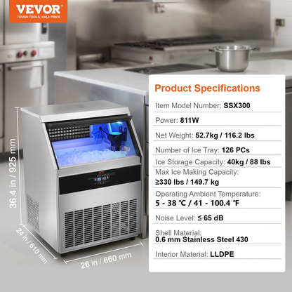 VEVOR Commercial Ice Maker, 330lbs/24H, Ice Maker Machine, 126 Ice Cubes in 12-15 Minutes, Freestanding Cabinet Ice Maker with 88lbs Storage Capacity LED Digital Display, for Bar Home Restaurant