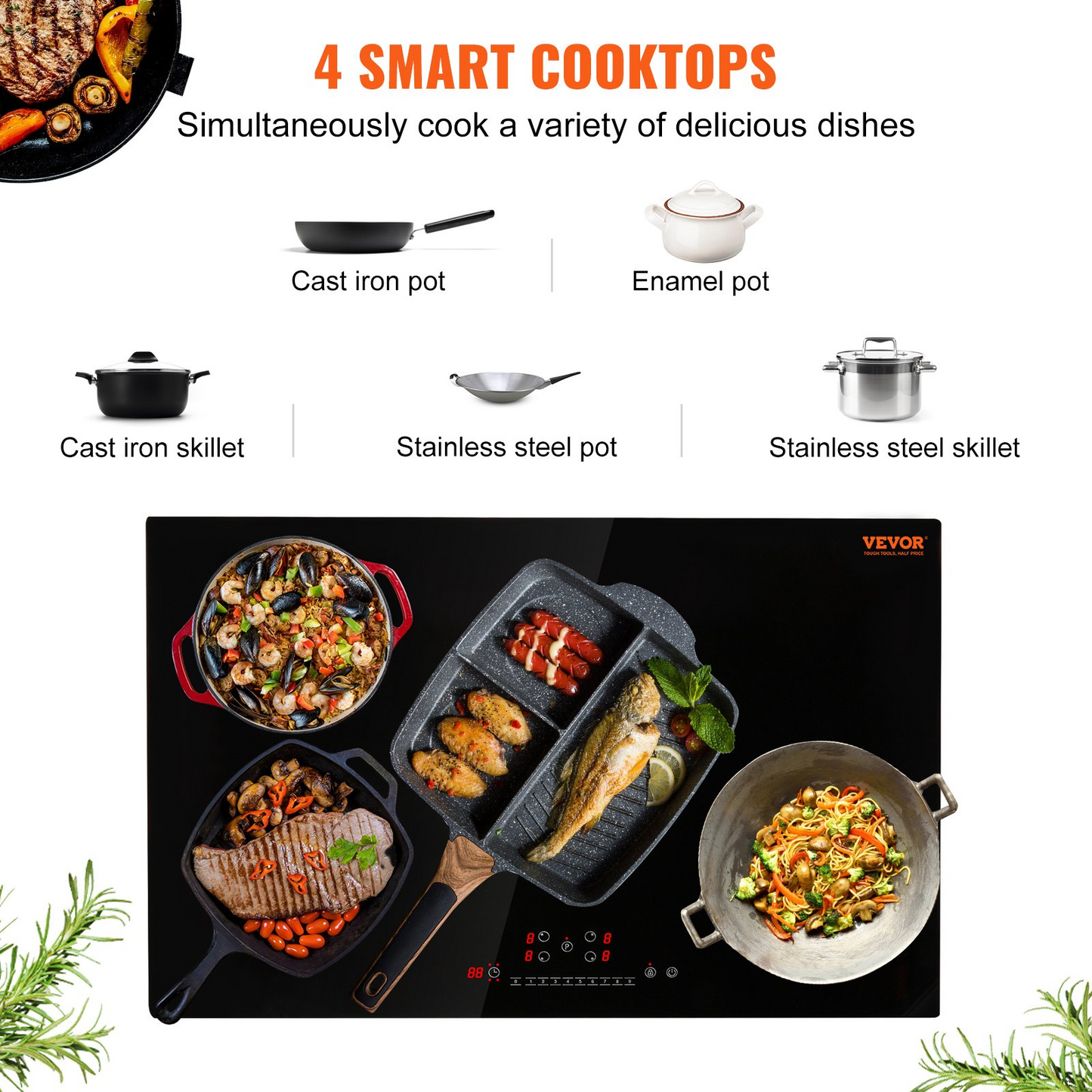 VEVOR Electric Cooktop, 4 Burners, 30'' Induction Stove Top, Built-in Magnetic Cooktop 7500W, 9 Heating Level Multifunctional Burner, LED Touch Screen with Child Lock & Over-Temperature Protection