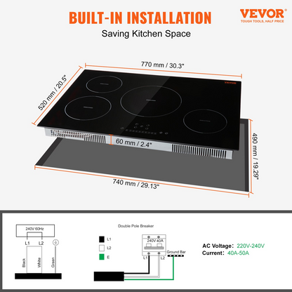 VEVOR Electric Cooktop, 4 Burners, 30'' Induction Stove Top, Built-in Magnetic Cooktop 7500W, 9 Heating Level Multifunctional Burner, LED Touch Screen with Child Lock & Over-Temperature Protection