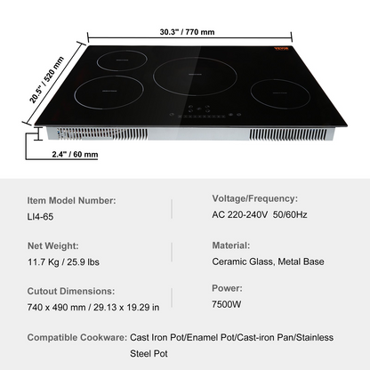 VEVOR Electric Cooktop, 4 Burners, 30'' Induction Stove Top, Built-in Magnetic Cooktop 7500W, 9 Heating Level Multifunctional Burner, LED Touch Screen with Child Lock & Over-Temperature Protection