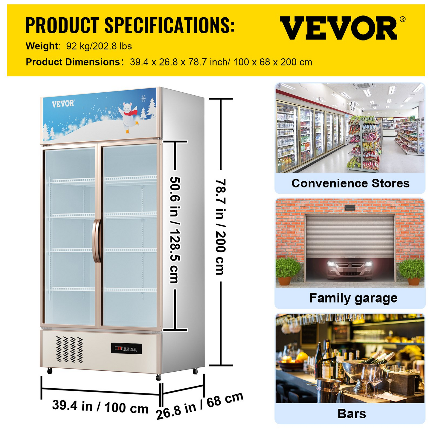 VEVOR Commercial Refrigerator,Display Fridge Upright Beverage Cooler, Glass Door with LED Light for Home, Store, Gym or Office, (23 cu.ft. Double Swing Door)