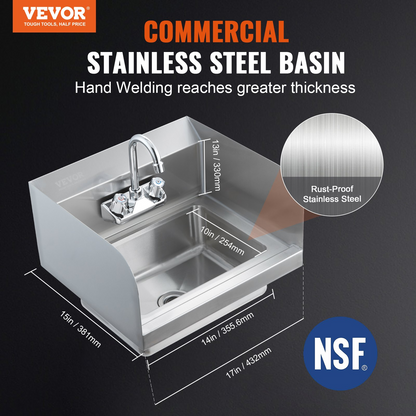 VEVOR Commercial Hand Sink with Faucet and Side Splash, NSF Stainless Steel Sink for Washing, Small Hand Washing Sink, Wall Mount Hand Basin for Restaurant, Kitchen, Bar, Garage and Home, 17x12.8 inch