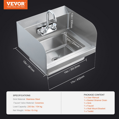 VEVOR Commercial Hand Sink with Faucet and Side Splash, NSF Stainless Steel Sink for Washing, Small Hand Washing Sink, Wall Mount Hand Basin for Restaurant, Kitchen, Bar, Garage and Home, 17x12.8 inch