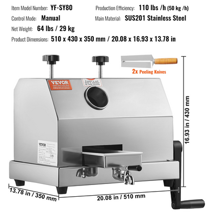 VEVOR Commercial Sugar Cane Juicer, 110LBS/H High Output Sugarcane Juicer Machine with 3 Stainless Steel Rollers and 2.4" Large Inlet, Manual Sugarcane Juice Squeezer Extractor for Commercial/Home Use