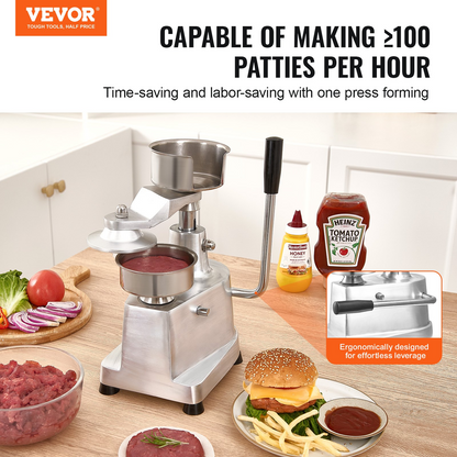 VEVOR Commercial Burger Patty Maker, 100mm/4inch Hamburger Beef Patty Maker, Heavy Duty Food-Grade Stainless Steel Bowl Burger Press Machine, Kitchen Meat Forming Processor with 1000 Pcs Patty Papers